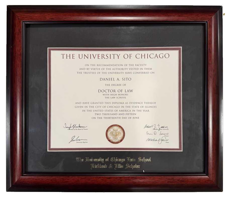 Daniel Sito's University of Chicago Law School Juris Doctor diploma, framed in mahogany